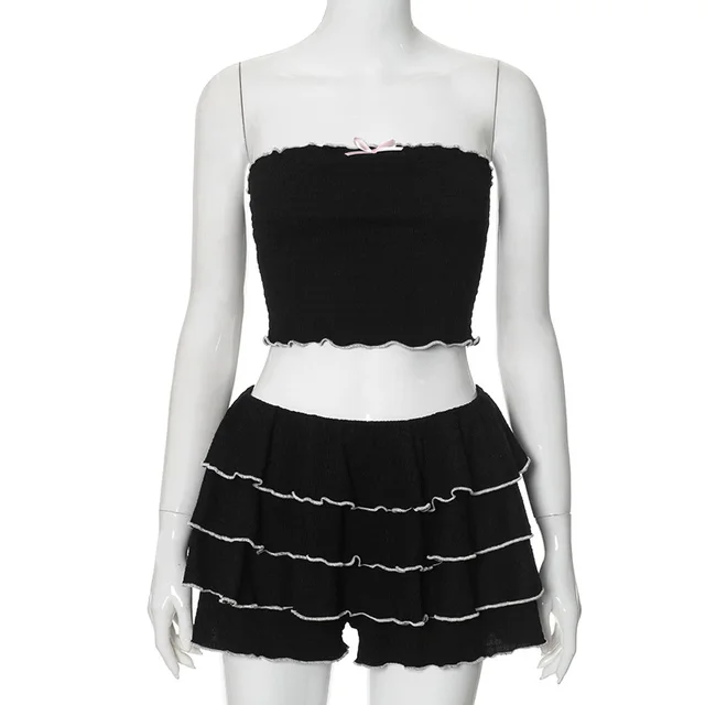 Low Waist Hip wrapped Skirt Sexy Tube Top Two piece Set Black - Shop at LoveMi