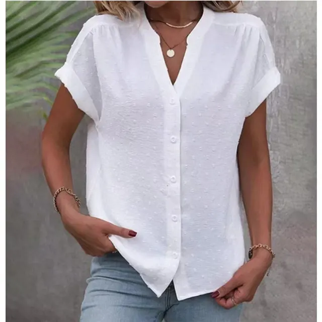 Solid Color Jacquard V neck Buttons Women's Shirt White - Shop at LoveMi