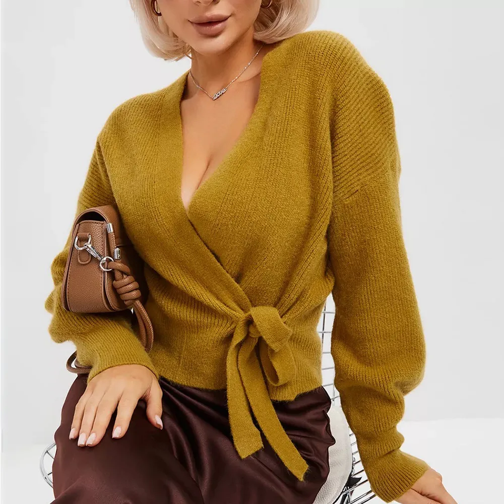 V neck Lace up Knitted Sweater Women's Coat Ginger Yellow - Shop at LoveMi