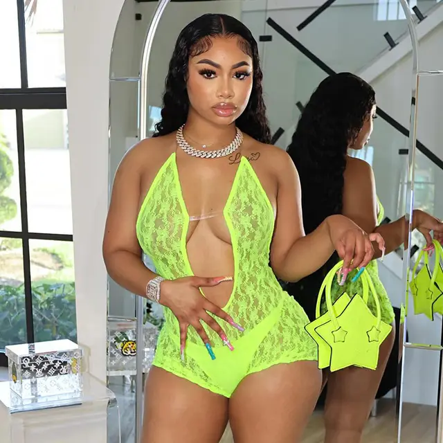 Hollow Out See through Halter Bare Back One piece Shorts Green - Shop at LoveMi
