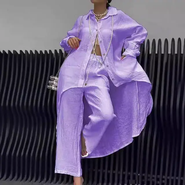 Women's Cotton And Linen Shirt Wide Leg Pants Suit Violet - Shop at LoveMi