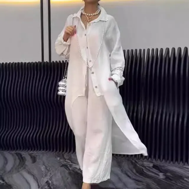 Women's Cotton And Linen Shirt Wide Leg Pants Suit White - Shop at LoveMi