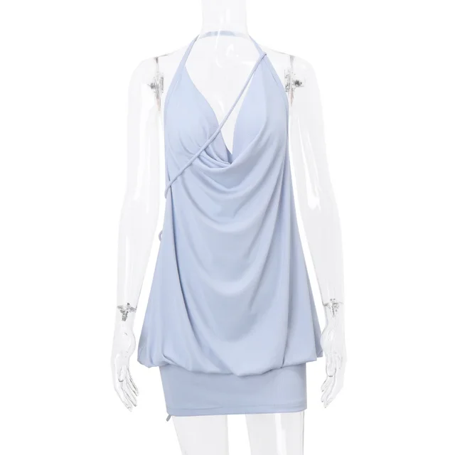 V shaped Swing Collar Pleated Backless Lace Up Sheath Halter Dress Blue - Shop at LoveMi