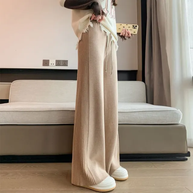 Women's Knitted Wide leg Pants High Waist Drawstring Loose Camel - Shop at LoveMi