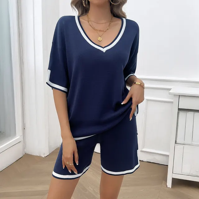 Spring And Summer Women's Clothing Leisure Loose V neck Sweater Suit Navy Blue - Shop at LoveMi