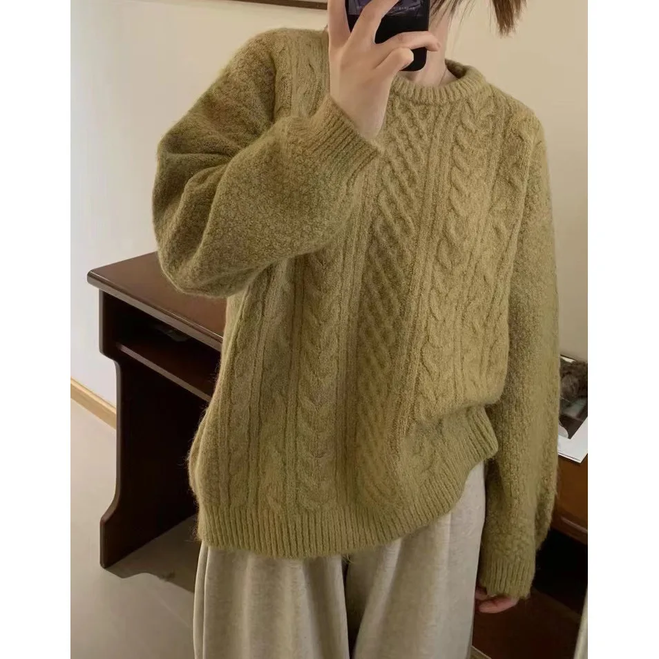 Women's Round Neck Vintage Twisted Pattern Sweater Loose Camel - Shop at LoveMi