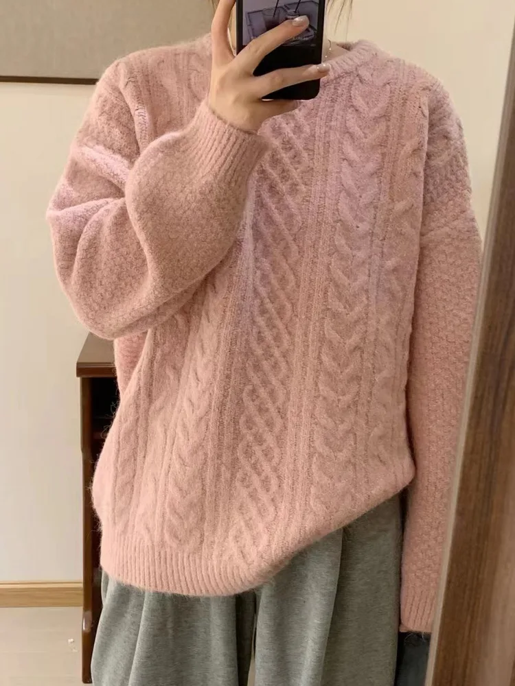 Women's Round Neck Vintage Twisted Pattern Sweater Loose Pink - Shop at LoveMi