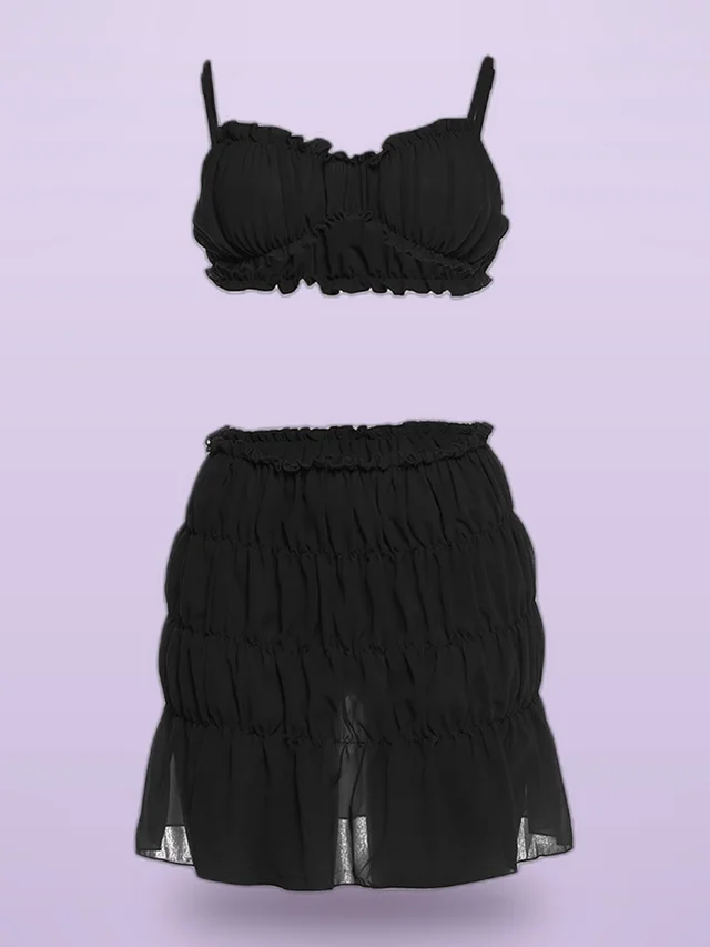 Sling Backless Solid Color Pleated Skirt Two piece Set Black - Shop at LoveMi