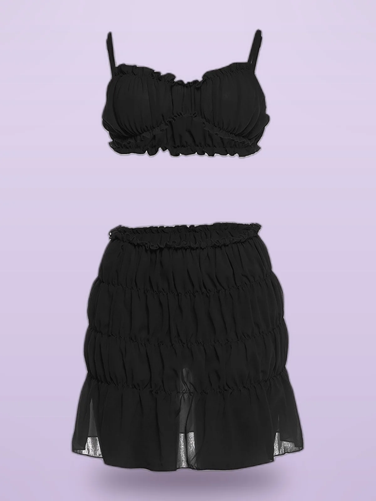 Sling Backless Solid Color Pleated Skirt Two-piece Set - Black