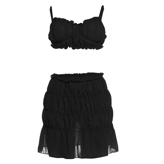 Sling Backless Solid Color Pleated Skirt Two piece Set Black - Shop at LoveMi
