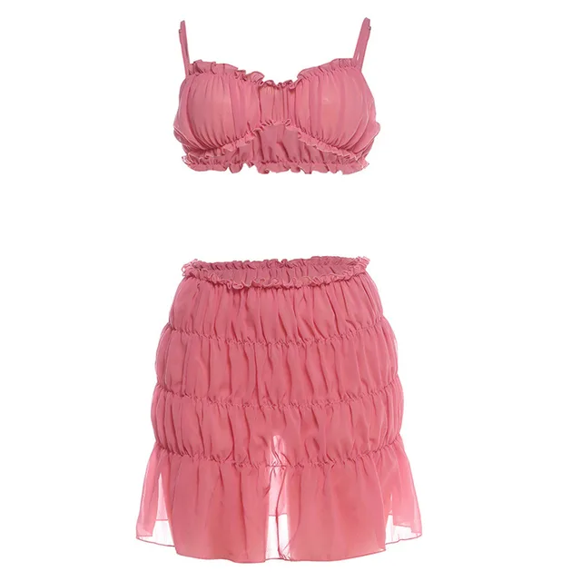 Sling Backless Solid Color Pleated Skirt Two piece Set Pink - Shop at LoveMi