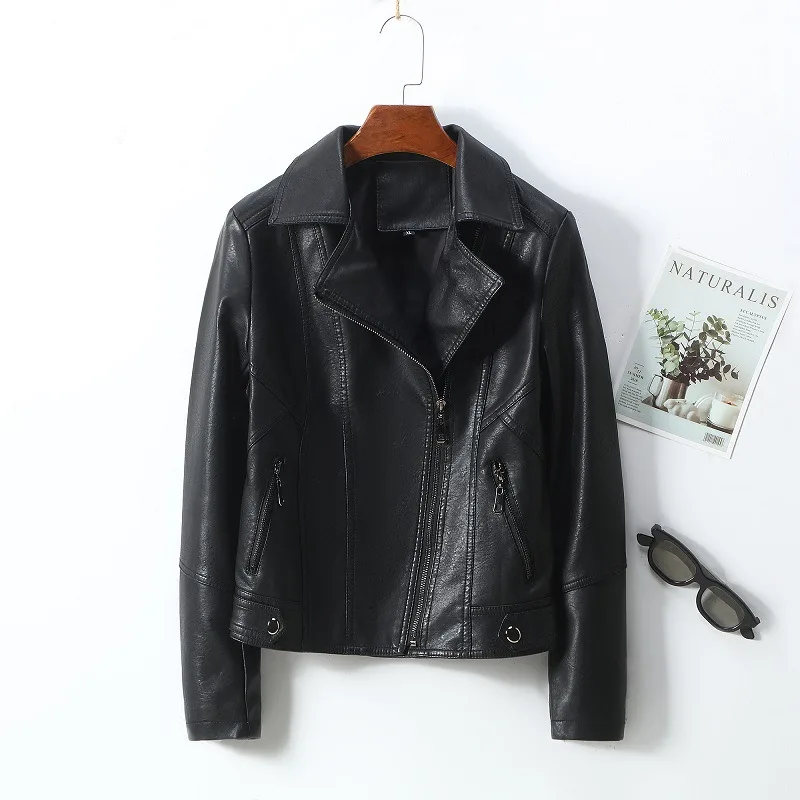 Women's Lapel Short Small Leather Coat Black - Shop at LoveMi