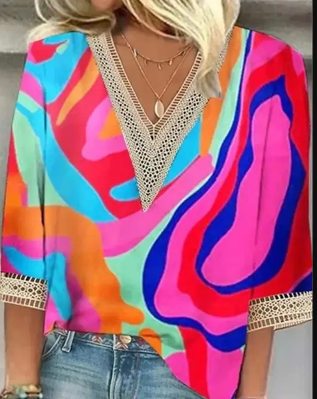 Women's Loose New Multi color Floral Print Stitching Lace Mid sleeve V neck T shirt 10Figure - Shop at LoveMi