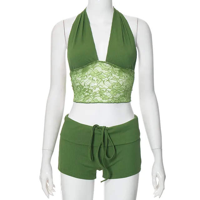Lace Stitching Halter Top Drawstring Shorts Two piece Set Green - Shop at LoveMi