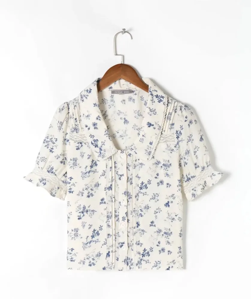 Floral Lace Stitching Coat Lace Single breasted Blue - Shop at LoveMi