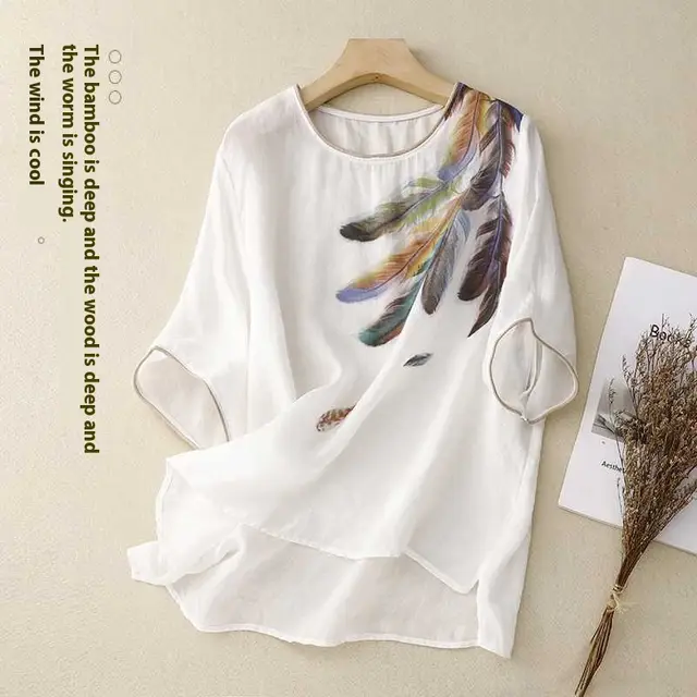 Loose Round Neck Twill Ramie Breathable Thin Printed Short Sleeve White - Shop at LoveMi