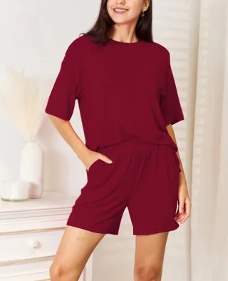 Women's Clothes Short Sleeve Shorts Suit - Dark Red Qr27143