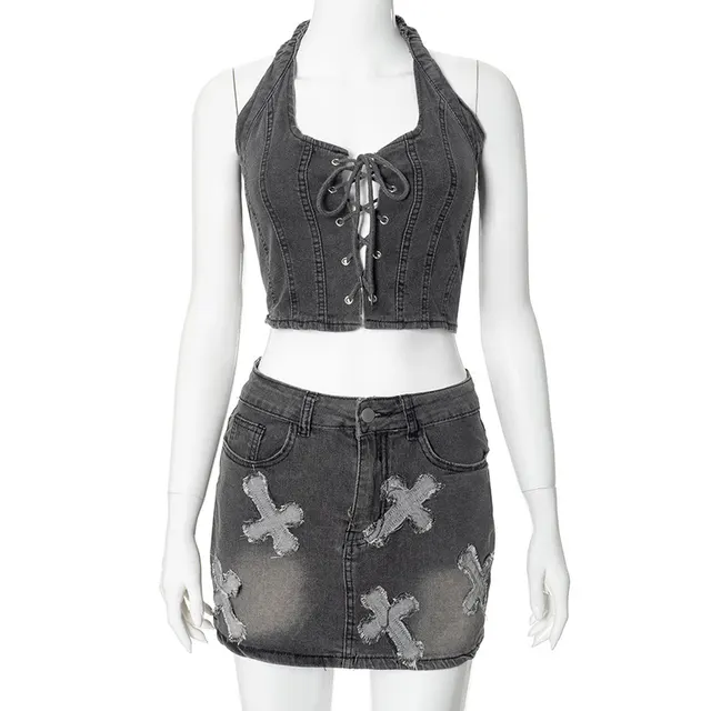 Cross Wash Sleeveless Casual Skirt Denim Suit Gray - Shop at LoveMi