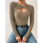 European And American Irregular Hollow Pullover Sweater - Khaki