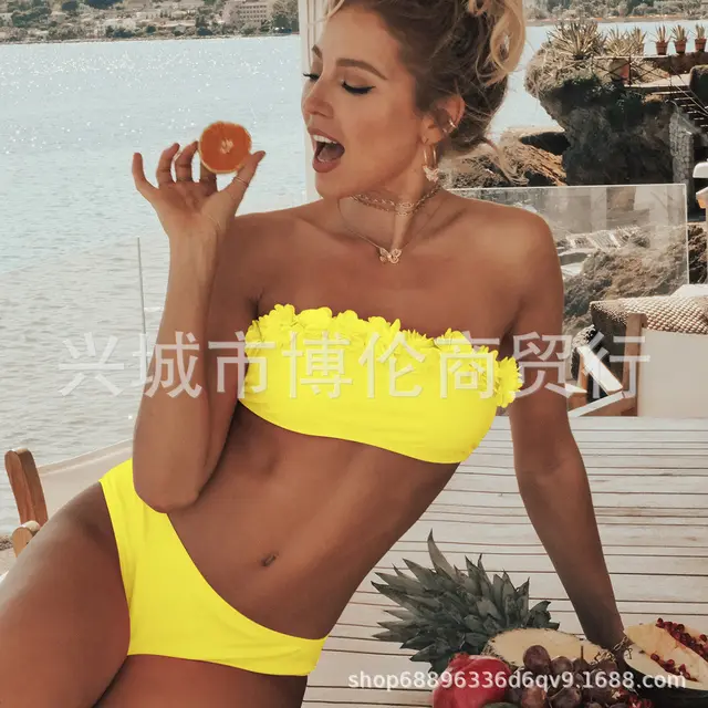 Solid Color Flower Tube Top Bikini Split Two piece Women's Swimsuit Yellow - Shop at LoveMi