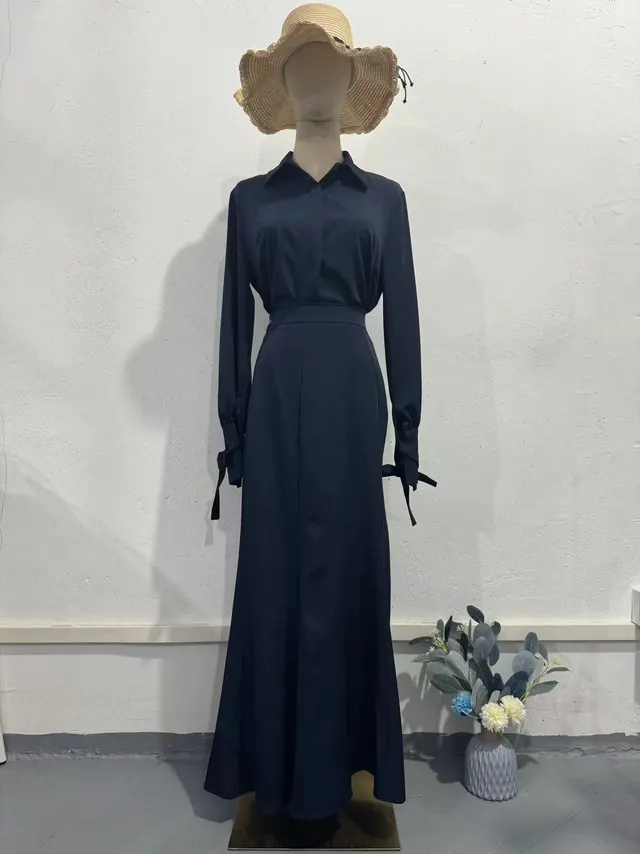 Elegant Long Sleeve Shirt & Skirt Suit Navy Blue - Shop at LoveMi