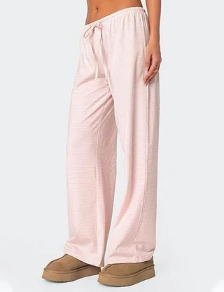 Women's Wide Leg Striped Floral Print Casual Jumpsuit - Pink