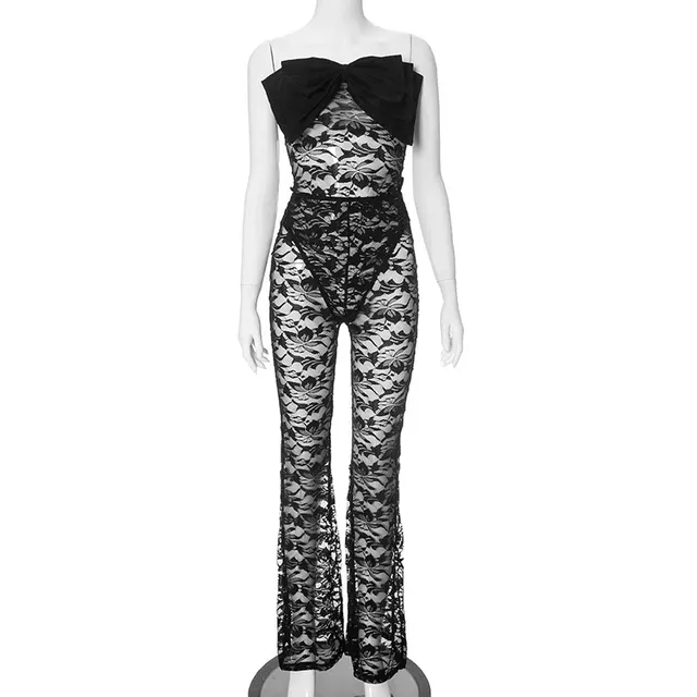 Sexy Bow Tube Top Hollow Out See through Jumpsuit Black - Shop at LoveMi