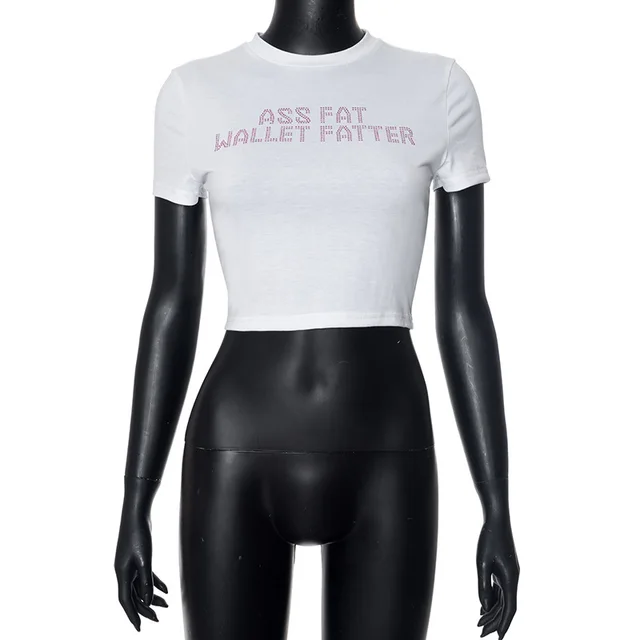 Round Neck Midriff baring Short Sleeve Letter Midriff baring Top White - Shop at LoveMi