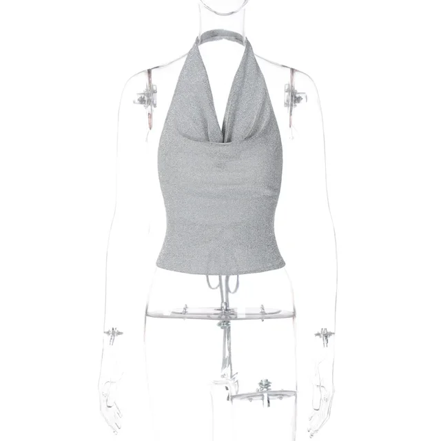 Shiner Reflective Backless Lace up Tie Waist Halter Spaghetti Straps Chest Wrap Silver - Shop at LoveMi