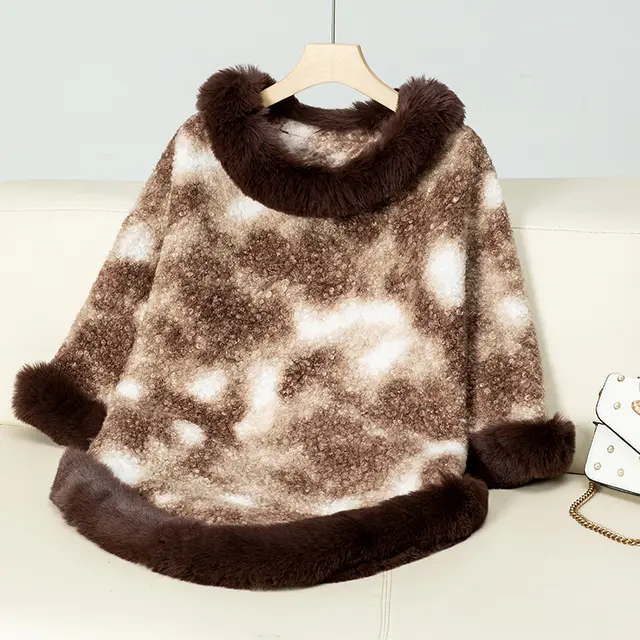 Pullover Contrast Color Leopard Print Knitted Cloak Coffee - Shop at LoveMi
