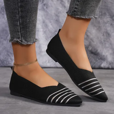 Flyknit Shoes Plus Size Women's Flat Pointed Toe Black - Shop at LoveMi