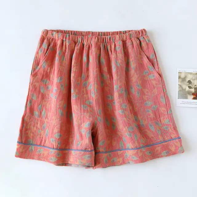 Women's Summer Thin Cropped Loose And Sweet Home Pants - Colour Woven Pink Feathers