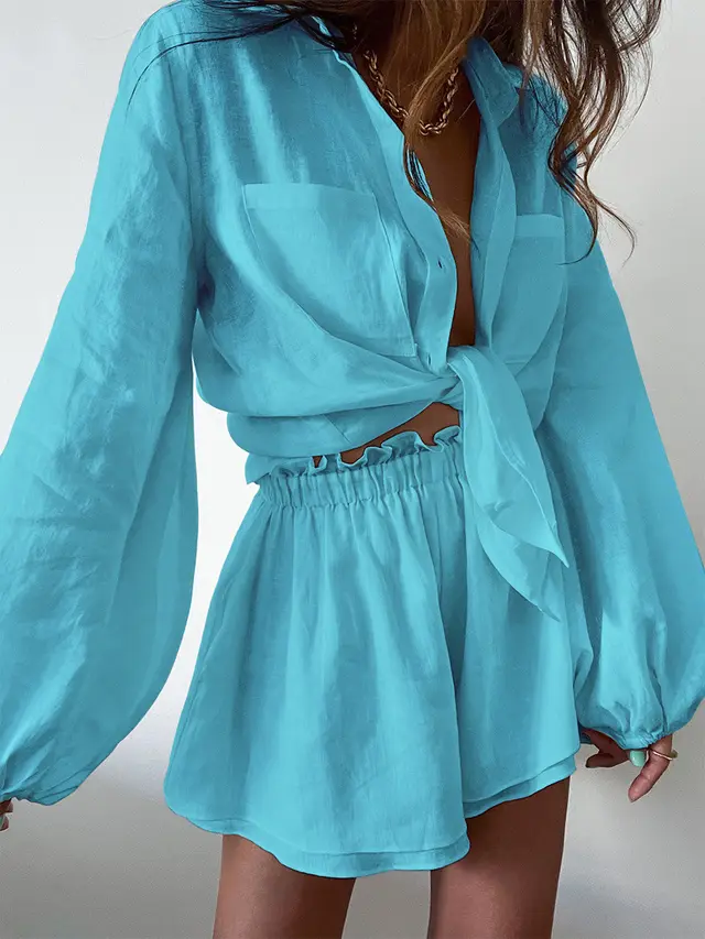 European And American Cotton And Linen White Suit Women's Spring And Summer Long Sleeves Shorts Two piece Set Cyan - Shop at LoveMi
