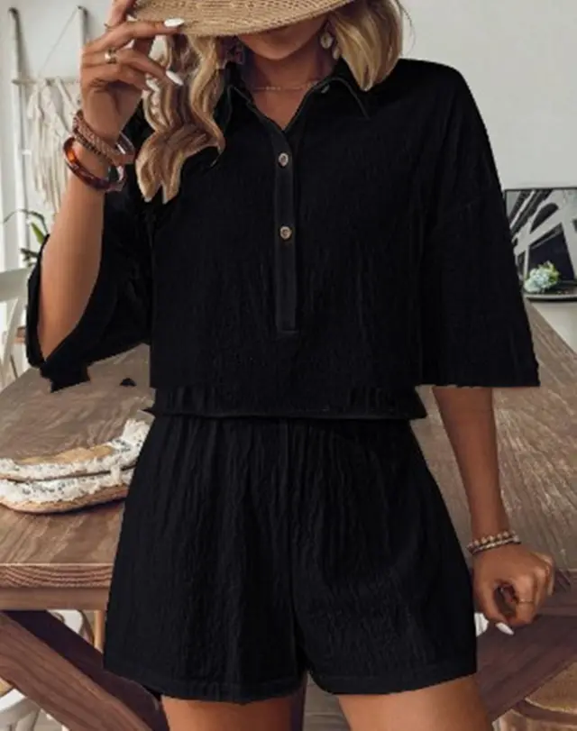 Solid Color Cotton Linen Single breasted Cardigan Shorts Two piece Set Black - Shop at LoveMi