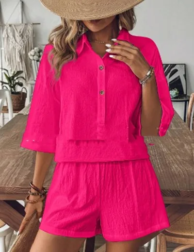 Solid Color Cotton Linen Single breasted Cardigan Shorts Two piece Set Rose Red - Shop at LoveMi