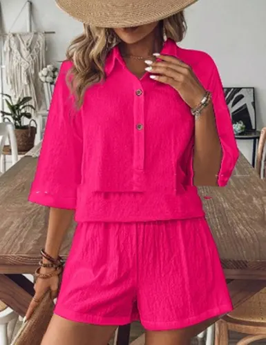 Solid Color Cotton Linen Single breasted Cardigan Shorts Two piece Set Rose Red - Shop at LoveMi