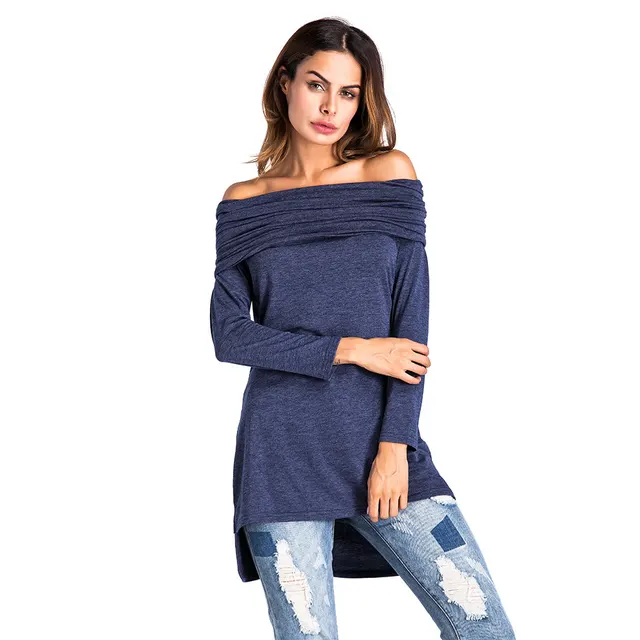 K8397 European And American Sexy One word With Hat Long Sleeve Short Front And Long Back Hem Nightclub Dark Blue - Shop at LoveMi