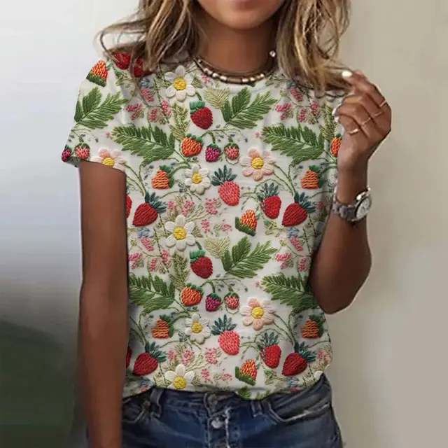 Floral Print Women's T shirt Short Sleeve Casual Round Neck T shirt Summer Ladies 3E5Zjfe - Shop at LoveMi