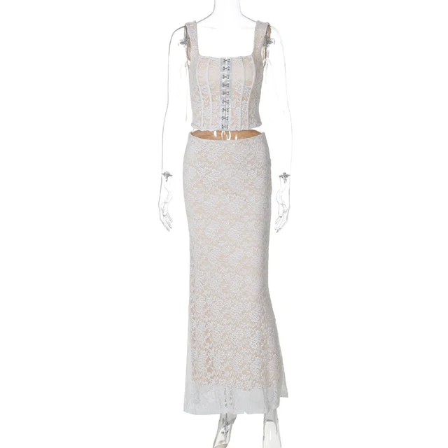 Breasted Sling Double layer Stitching Lace Long Dress Suit White - Shop at LoveMi
