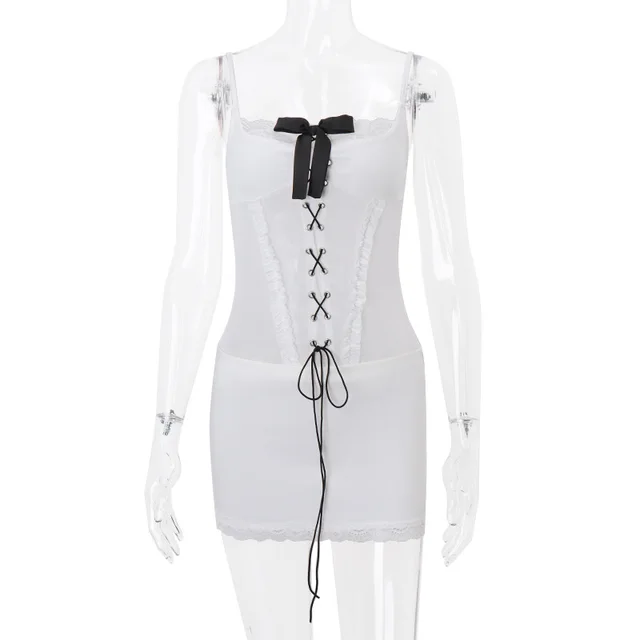 Bow Bandage Lace Stitching Sling Dress White - Shop at LoveMi