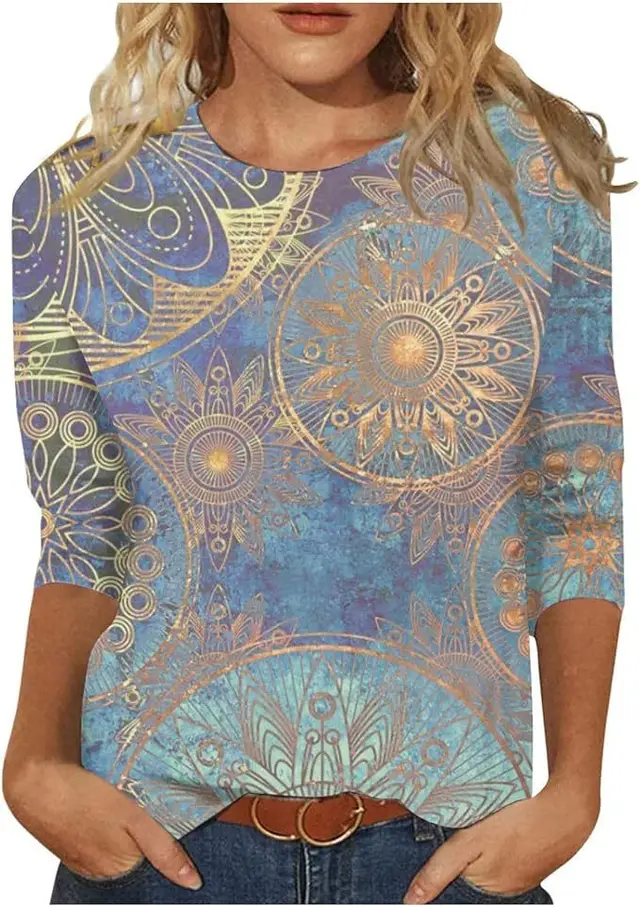 Women's Top Three quarter Sleeve Summer Ethnic Floral Slim Fit Cute Top Round Neck Slim Fit Printed T shirt Tx7352 - Shop at LoveMi