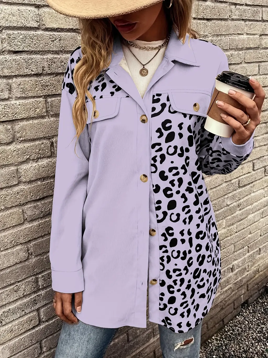 Cardigan Top Women's Autumn And Winter New Leopard Print Single-breasted Mid-length Jacket Shirt - Purple