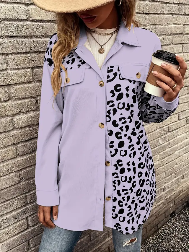 Cardigan Top Women's Autumn And Winter New Leopard Print Single breasted Mid length Jacket Shirt Purple - Shop at LoveMi