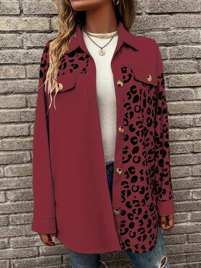 Cardigan Top Women's Autumn And Winter New Leopard Print Single breasted Mid length Jacket Shirt Wine Red - Shop at LoveMi
