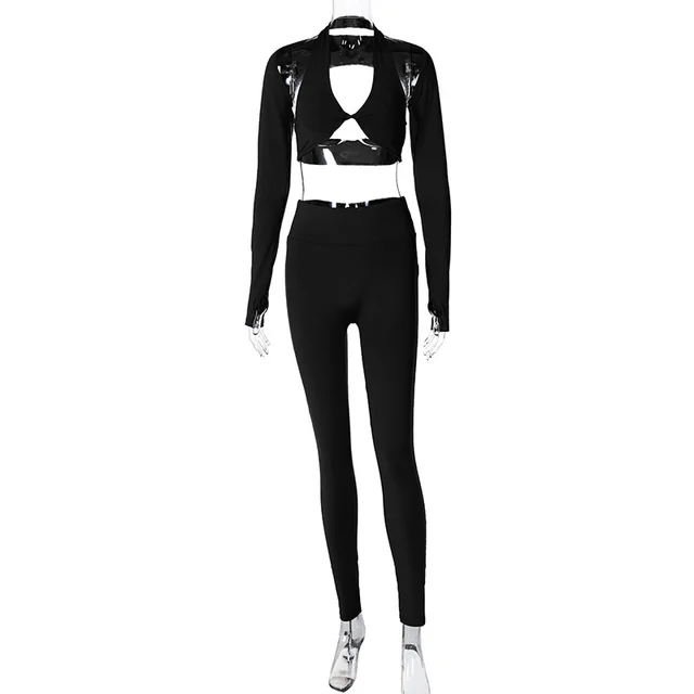 Long Sleeve Shawl Chest wrapped Trousers Three piece Set Solid Color Slim Fit Sports Suit Black - Shop at LoveMi