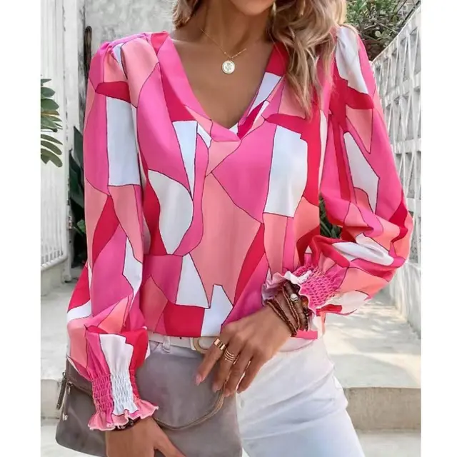 Women's Printed Loose Lapel Long Sleeves Fashion Shirt Red - Shop at LoveMi