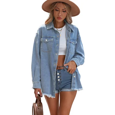 Denim Long Sleeve Lapel Top Women's Solid Color Single breasted Mid length Light Blue - Shop at LoveMi