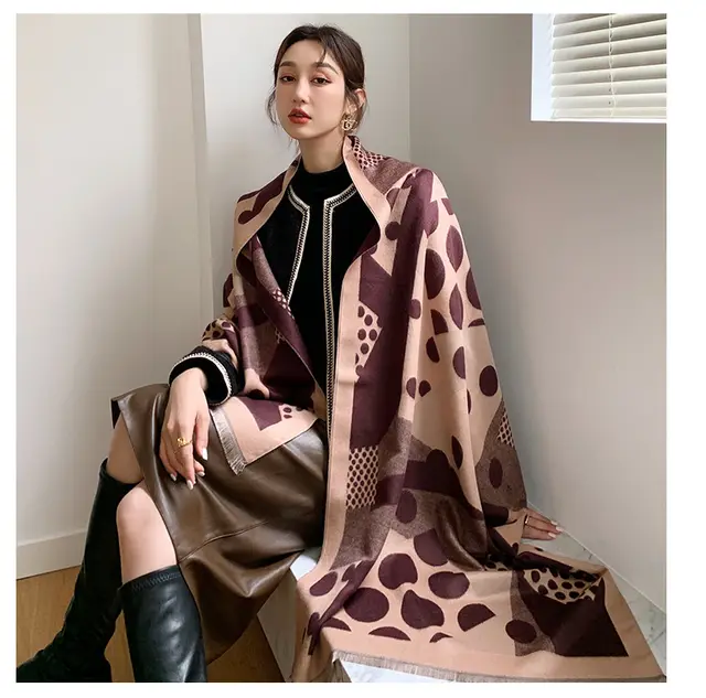 Casual Polka Dot Artificial Cashmere Warm Printing Long Scarf Shawl Cow Polka Dot Champagne - Shop at LoveMi