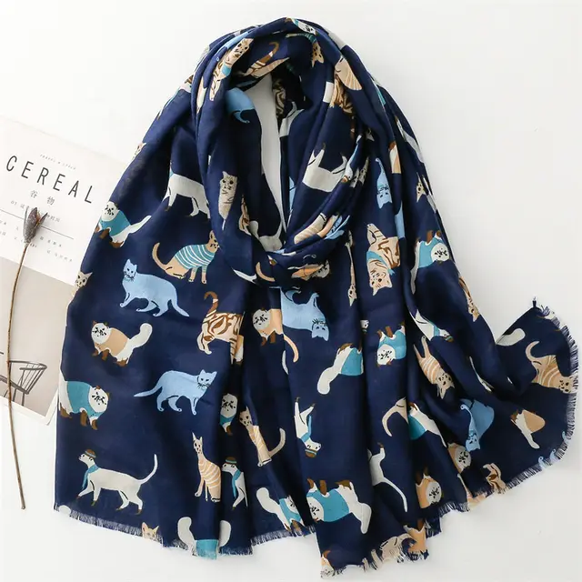 Cotton And Linen Hand Scarf Fashion Cat Cartoon Thermal Shawl Sl2 310 022 Blue - Shop at LoveMi
