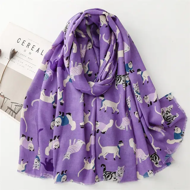 Cotton And Linen Hand Scarf Fashion Cat Cartoon Thermal Shawl Sl2 310 022 Purple - Shop at LoveMi